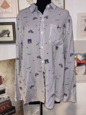 beachlunchlounge White Navy Striped Button-Down Shirt with Red Dot Accents